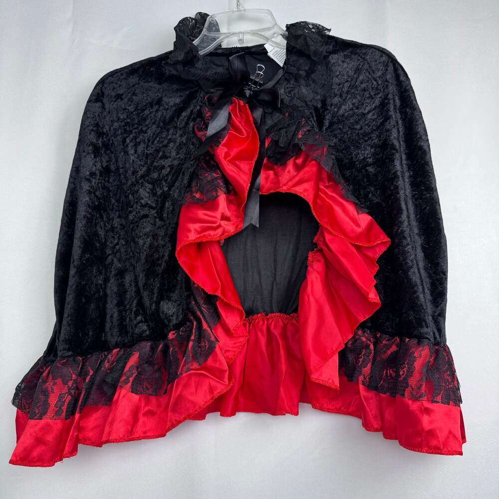 Women’s Masquerade Capelet  Shaw Black Lace with Red Ruffels One Size Fits all